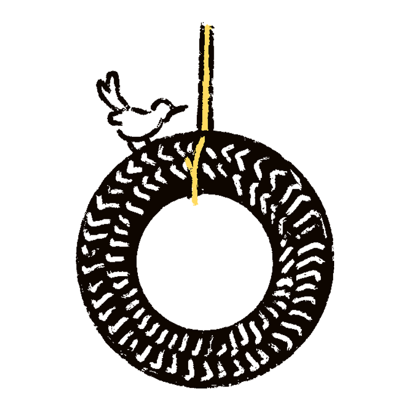 Illustration of a tire swing with a bird top of it
