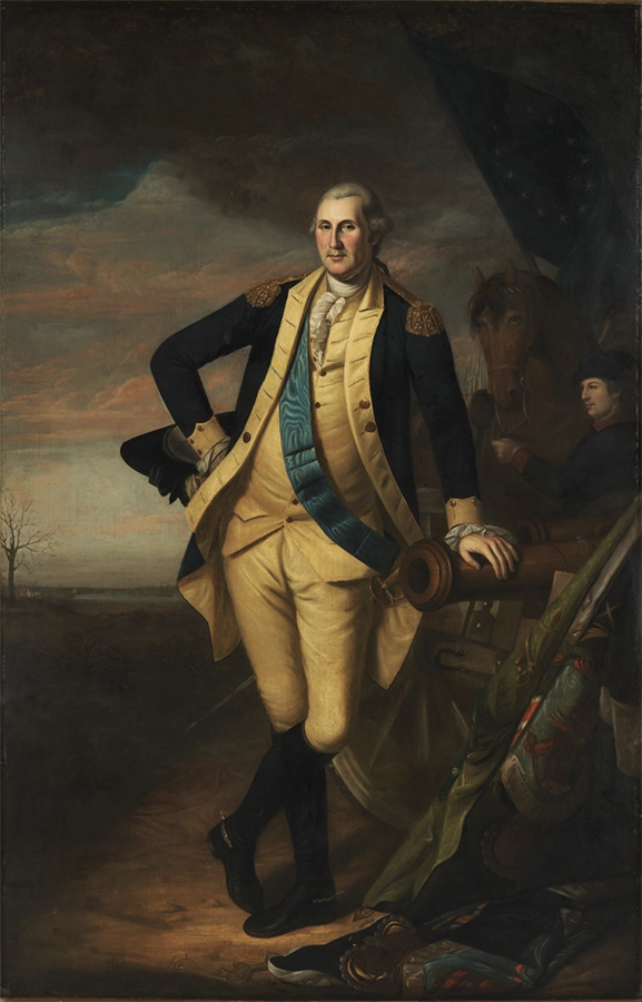 Painting of George Washington wearing formal military attire and a blue silk sash and leaning on a cannon, with horse and soldiers in the background.