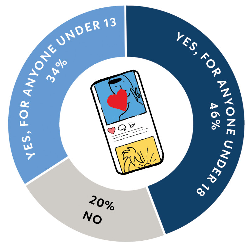Pie chart with three sections: dark blue "yes, for anyone under 18" 46%; light blue "yes, for anyone under 13" 34%; gray "no" 20%, with an illustration of a phone open to instagram in the middle