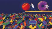 Illustration of an apple being pushed from a platform into a sea of colorful microbes