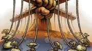 Illustration of a puppeteer manipulating bags of money around the world