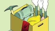 Illustration of a box containing a laid-off fossil fuel worker's office belongings