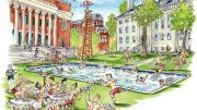 Humorous illustration of Harvard Yard with Widener Library and University Hall; between the two buildings there is a swimming pool and people enjoying the pool.