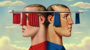 Illustration of two men facing opposite directions, one viewing the world through fully parted curtains, the other through curtains partially opened.
