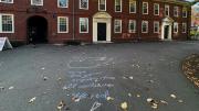Sidewalk chalk, image of a dove of peace crying about lost civilian lives