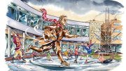 Cartoon of John Harvard figure ice skating at Harvard Law School