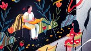 A conceptual illustration of a student seated in a classroom facing an imagined image of herself in a different environment with flowers and rocks