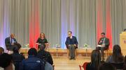  "Combatting Censorship, Disinformation, and Hate"  panelists, left to right: Klein professor of law Randall Kennedy,  Suzanne Nossel '91, J.D. '96, former Dean of the College at University of Chicago John Boyer, and Harvard College Dean Rakesh Khurana