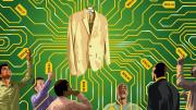 illustration in which six consumers are presented by an AI-driven algorithm with different prices for the same product, a jacket