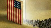illustration of an open book with an American flag as the cover, into which a stream of migrants is entering