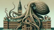 AI-generated illustration showing a giant octopus, its tentacles reaching around a brick university building