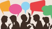 Illustration of people talking to each other with colorful thought bubbles above their heads