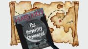 Harvard Magazine March-April cover with a magnifying glass and a map 