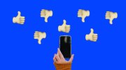 Montage illustration of person holding a phone with thumbs up and down in the background