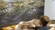 mural of dinosaurs and boy touching a fossil