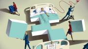 Illustration of a bedridden patient having chunks of the bed removed