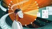 Abstract illustration of a humanoid looking AI scanning health records