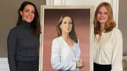 Princess Marie and Jensen pose beside Jensen's finished portrait of the princess 