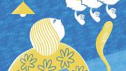 Blue and yellow illustration of a young woman writing at a desk and lost in thought