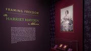 The opening display of the exhibit, showing introductory text and a large photograph of Harriet Hayden