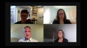 Four people in a video conference, three women and one man, each in a different setting.