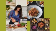 Collage of Chef Nisha Vora in the kitchen preparing a dish, a bowl of sticky coconut-milk-braised tofu over rice, and a plate of buttermilk-fried “chicken” with cornbread and dilly slaw.