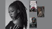 A black-and-white portrait of Tomi Adeyemi, alongside the covers of her novels "Children of Blood and Bone," "Children of Anguish and Anarchy," and "Children of Virtue and Vengeance."