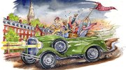 A whimsical illustration of four people in 1920s attire driving a vintage green car, waving a "Harvard" flag as they pass by a red-brick building with a clock tower at night.
