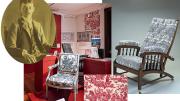 A collage featuring, from left: a young Ogden Codman Jr. in a sepia-toned portrait; items from the Codman Estate displayed in a museum; a close-up of a chair reflecting the English Arts and Crafts movement style; and a sample of the “Brother Rabbit” textile pattern, popular between 1882-90.