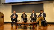 Provost John Manning, Radcliffe dean Tomiko Brown-Nagin, FAS senior adviser on civil discourse Eric Beerbohm, and HKS academic dean for faculty development Erica Chenoweth appear on a panel.