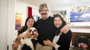 Harvard University Professor Gary Ruvkun is jointly awarded the Nobel Prize in Medicine or Physiology. Victoria Ruvkun (from left) with dog Barnaby, Gary Ruvkun, and Natasha Staller are pictured the morning of the announcement at their home in Newton.