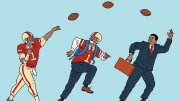 Cartoon of a man in a suit and two football players throwing footballs.