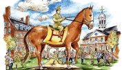 Illustration of a soldier statue on a horse in a town square, with people and buildings around.