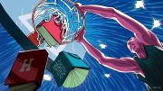Illustration of a basketball player dunking books into a hoop,