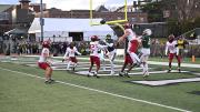 Several Harvard and Dartmouth players in end zone pursuing an air bound ball
