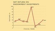 Line graph showing net return on endowment investments from 2017 to 2024, peaking at 34% in 2021, dropping sharply in 2022, and rebounding in 2024.