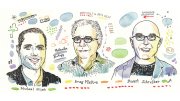 Illustrated portraits of Michael Mina, Doug Melton, and Stuart Schreiber, surrounded by scientific symbols and annotations related to their fields, including molecular biology, stem cells, and biomarker validation.