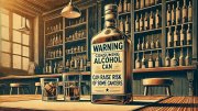 Illustration of a liquor bottle labeled with a health warning about alcohol and cancer risk, set in a bar.