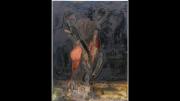 "20-24" by Janiva Ellis, a dark, abstract painting featuring distorted human figures with vivid red and muted tones.