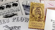 Assorted vintage printing samples, including an Ames Plow Tavern advertisement and Walpole Society notice.