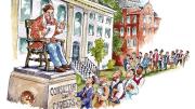 Illustration of a career consultant reading from a paper while seated on a statue pedestal, with a long line of students waiting nearby.