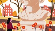 Illustration of a woman holding a key, standing in front of a large bust statue surrounded by flowers on a college campus during autumn.