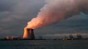 Image of two nuclear plants in the evening