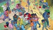 Comic illustration of hyperactive, pressured teens, many on their screens
