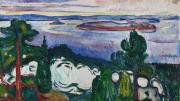 Landscape painting with green trees in foreground and blue water, islands and sky in the background. 