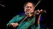 A violinist in a green shirt plays on stage, smiling, with microphones and stage lighting in the background.