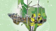 Illustration showing an outline of Texas as a state with wind power and other clean sources of energy