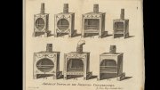 Engraved diagram showing eight ornate cast-iron stoves with chimneys labeled No. 1 to No. 4