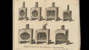 Engraved diagram showing eight ornate cast-iron stoves with chimneys labeled No. 1 to No. 4