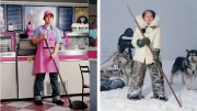 Two photos of the same woman, one as a store worker the other as an Arctic explorer